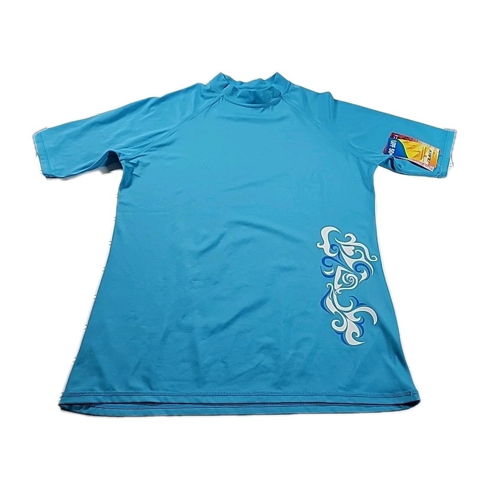 Kanu Surf Women's Light Blue Short Sleeve Rash Guard with White Swirl Accent